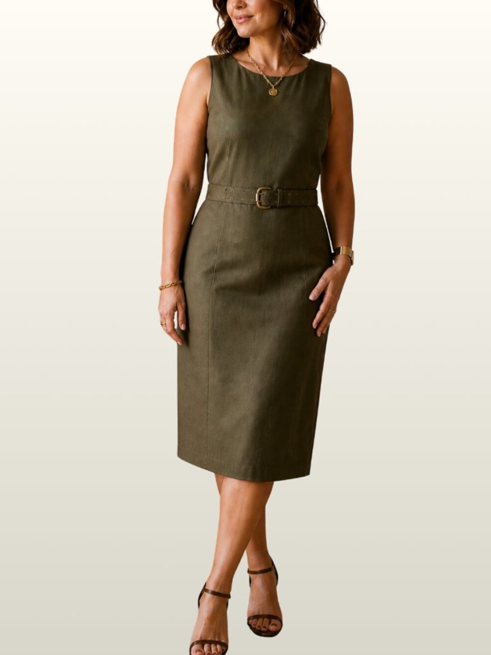 90s Vintage Olive Green Silk Midi Dress Belted Shift Tailored 12 Minimalist Chic